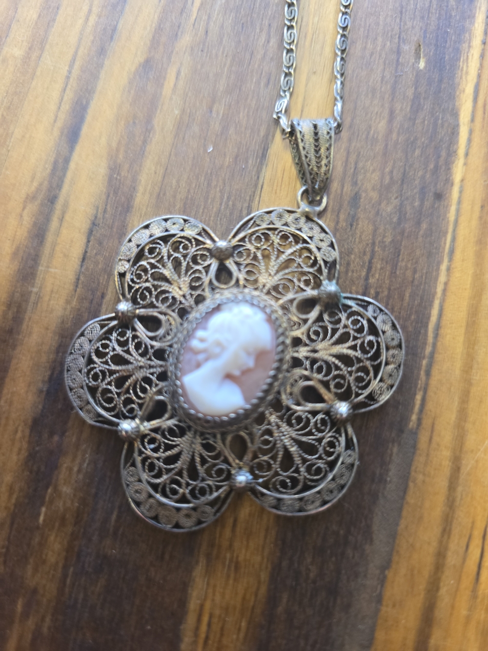 Vintage Filigree Cameo Pendant Necklace - Gold-Tone with Pink Cameo 800 sterling